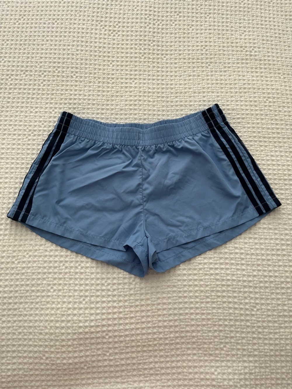 edikted Nikki Nylon Light Blue Women's Athletic Shorts with Navy Stripe -Medium